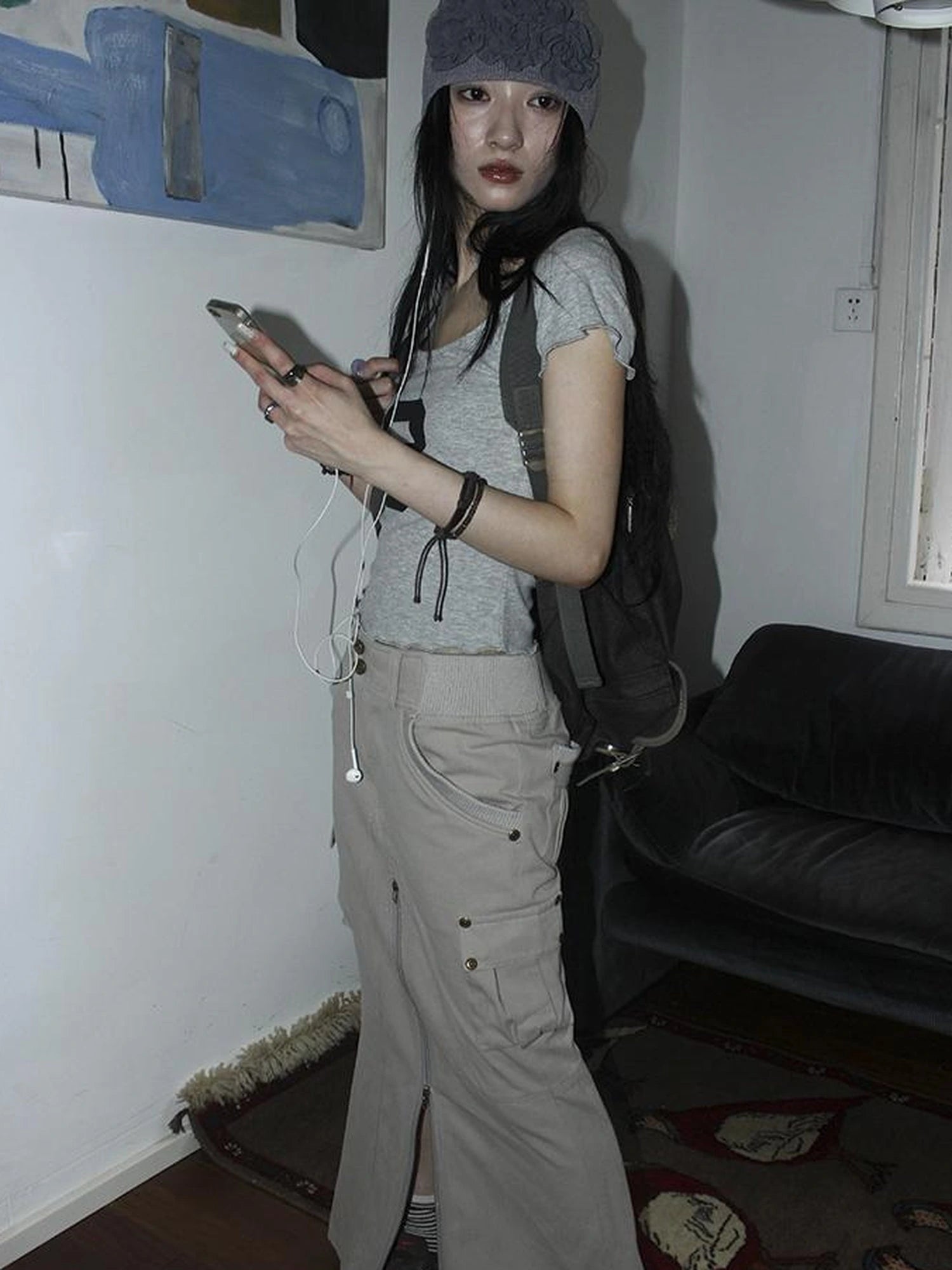 Vintage Cargo Pocket Wrap Maxi Skirt With Dual Zippers