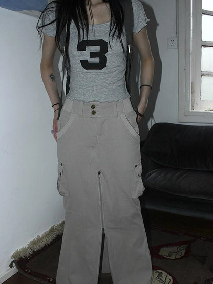 Vintage Cargo Pocket Wrap Maxi Skirt With Dual Zippers