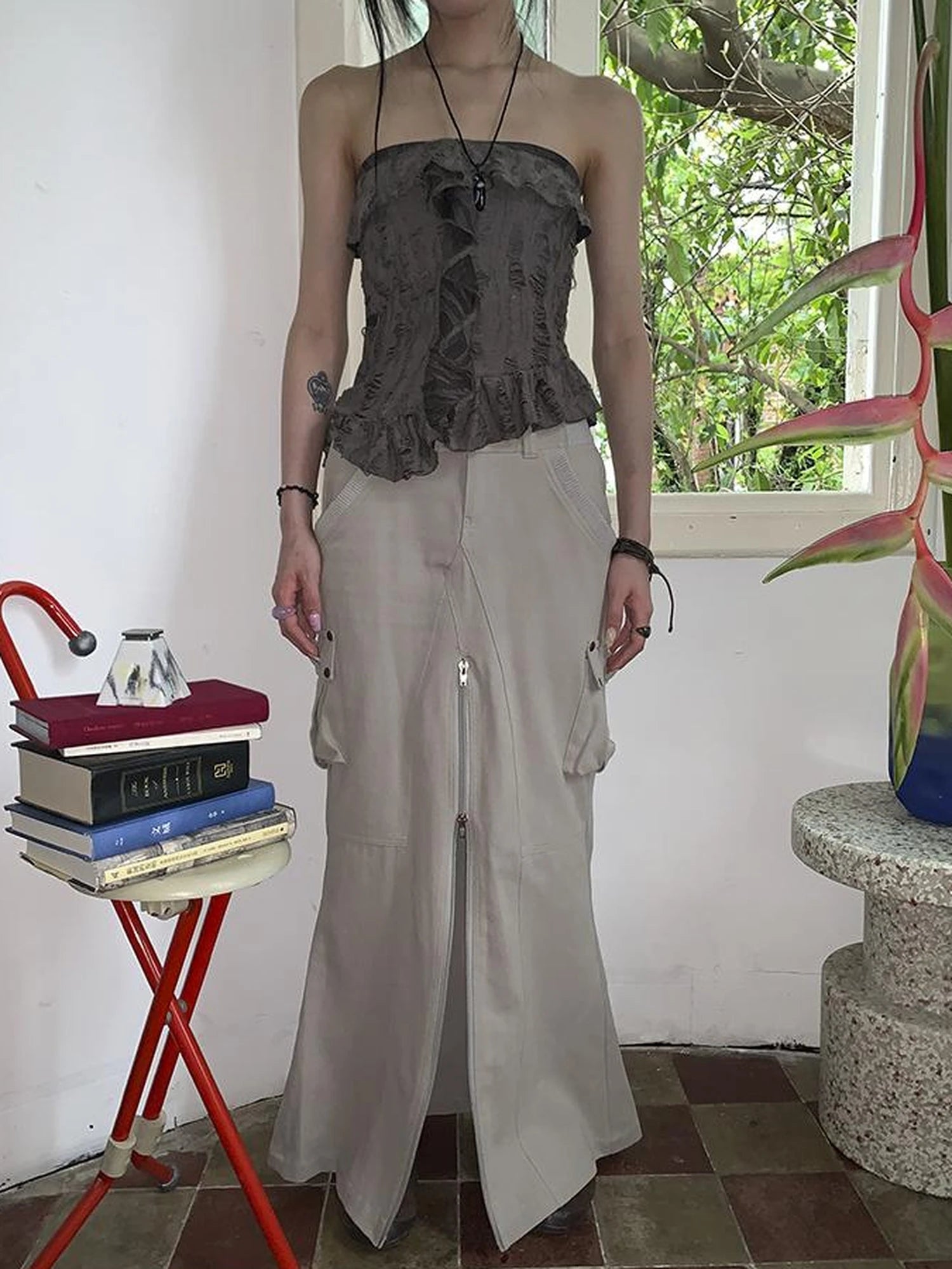 Vintage Cargo Pocket Wrap Maxi Skirt With Dual Zippers