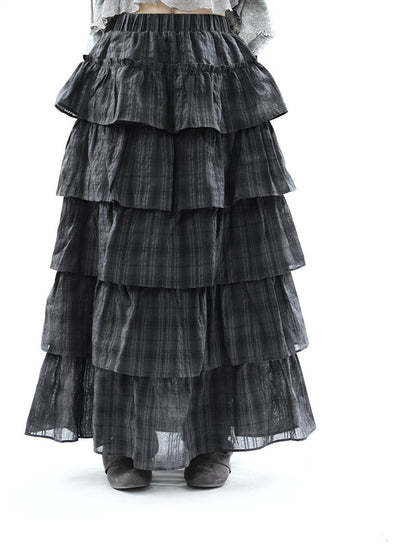 ang project Vintage Checked Patchwork Tiered Elastic Waist Women&