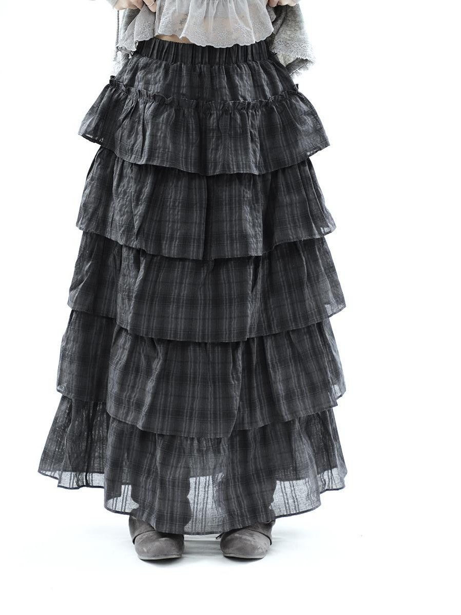 ang project Vintage Checked Patchwork Tiered Elastic Waist Women&