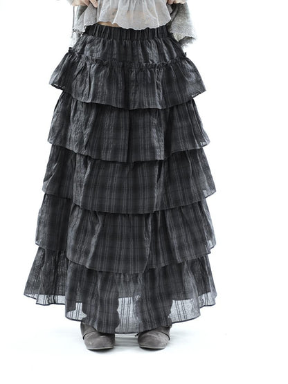 ang project Vintage Checked Patchwork Tiered Elastic Waist Women&