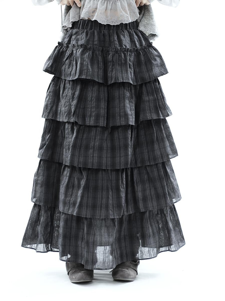 ang project Vintage Checked Patchwork Tiered Elastic Waist Women&