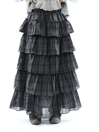 ang project Vintage Checked Patchwork Tiered Elastic Waist Women&