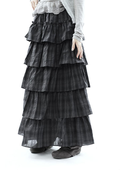 ang project Vintage Checked Patchwork Tiered Elastic Waist Women&