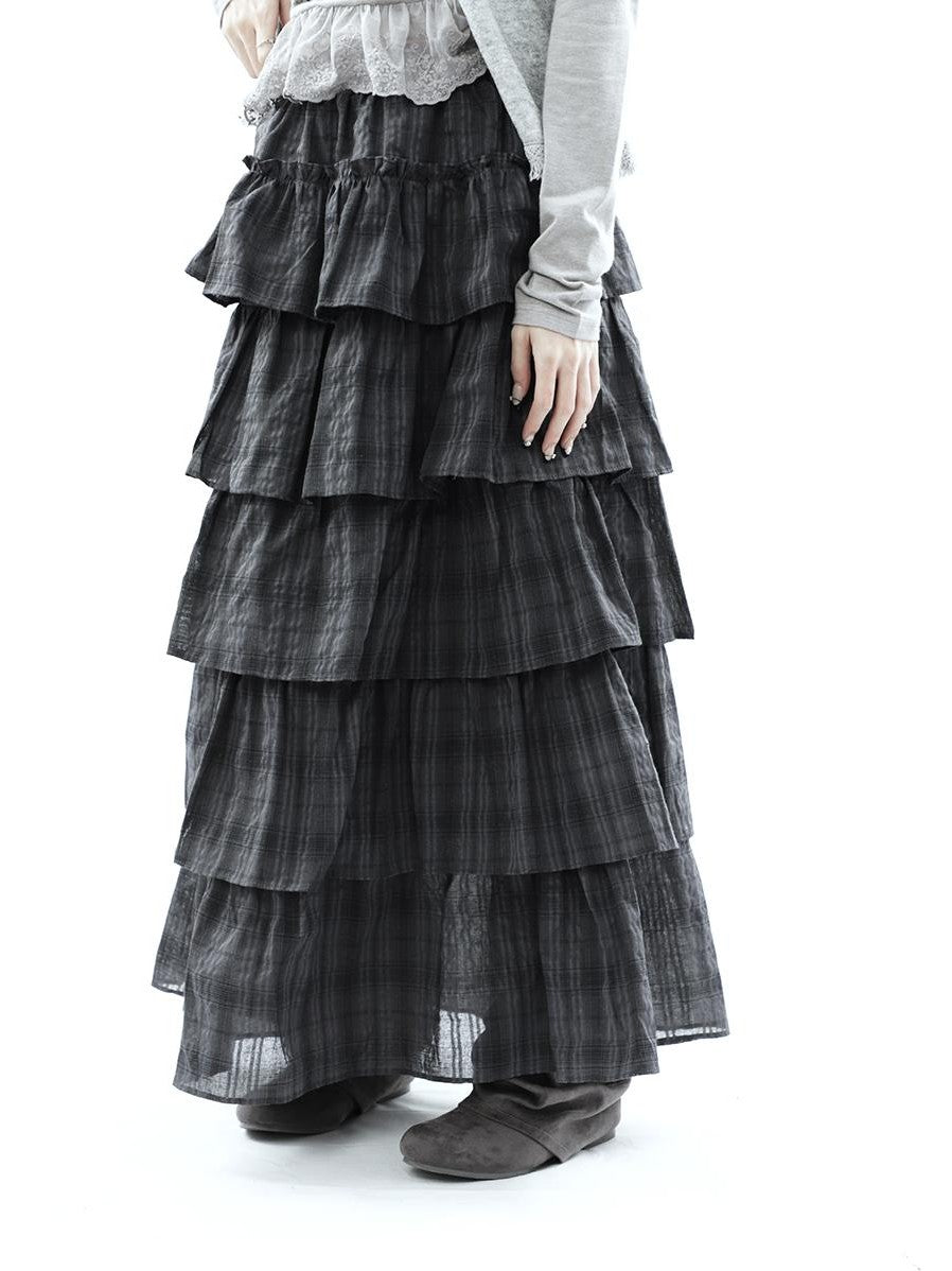 ang project Vintage Checked Patchwork Tiered Elastic Waist Women&