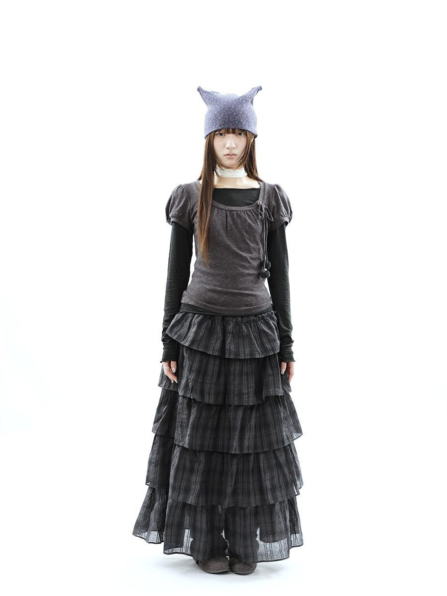 ang project Vintage Checked Patchwork Tiered Elastic Waist Women&