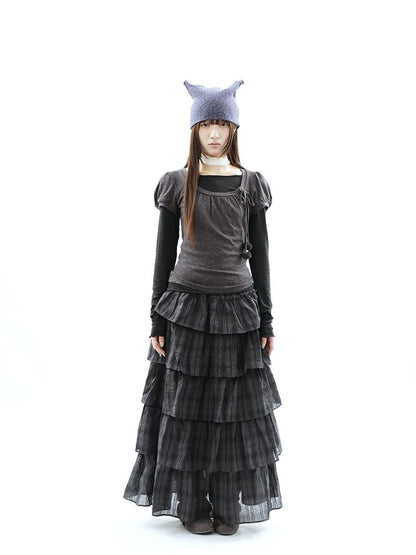 ang project Vintage Checked Patchwork Tiered Elastic Waist Women&