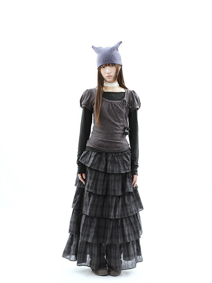 ang project Vintage Checked Patchwork Tiered Elastic Waist Women&