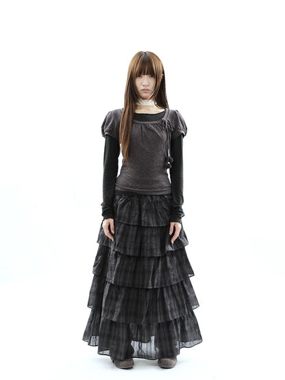 ang project Vintage Checked Patchwork Tiered Elastic Waist Women&