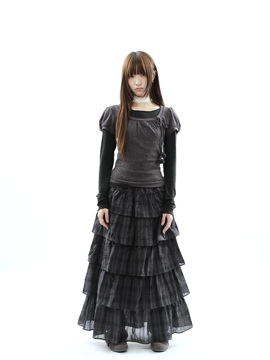 ang project Vintage Checked Patchwork Tiered Elastic Waist Women&