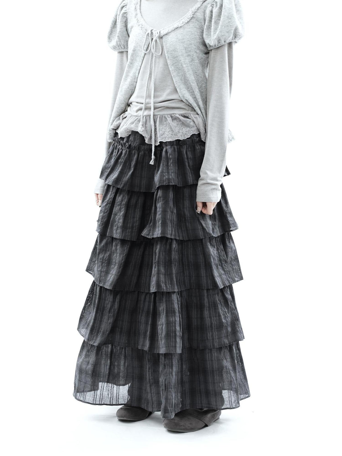 ang project Vintage Checked Patchwork Tiered Elastic Waist Women&