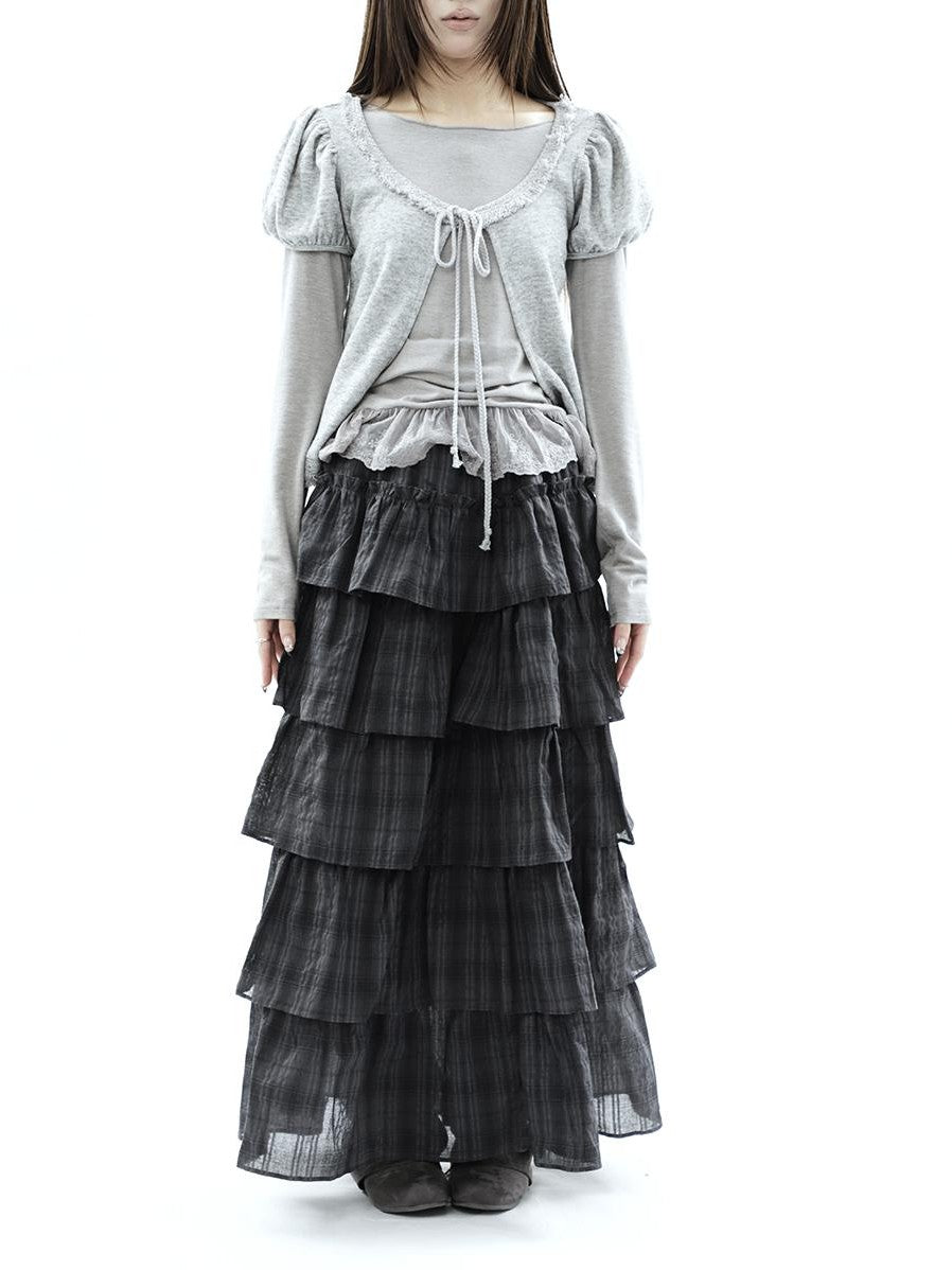 ang project Vintage Checked Patchwork Tiered Elastic Waist Women&