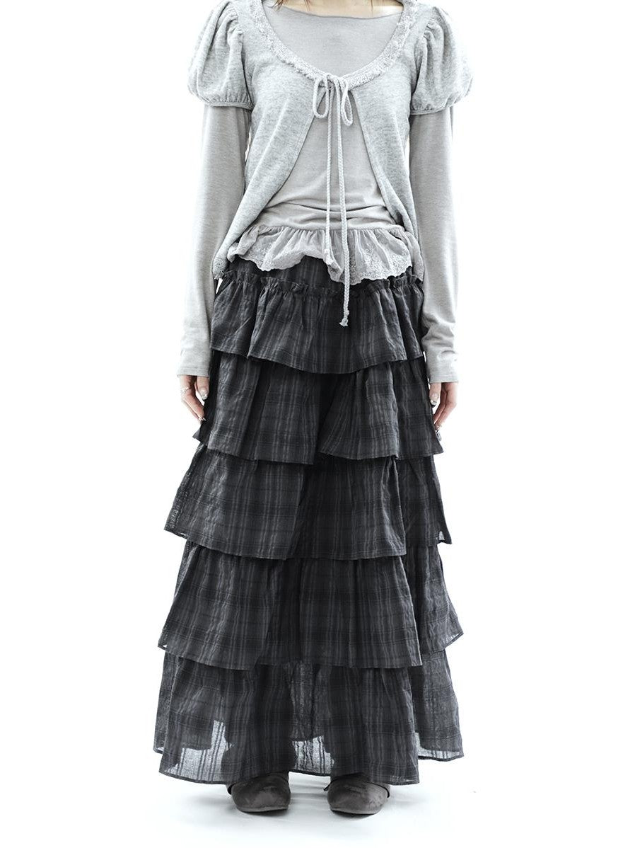 ang project Vintage Checked Patchwork Tiered Elastic Waist Women&