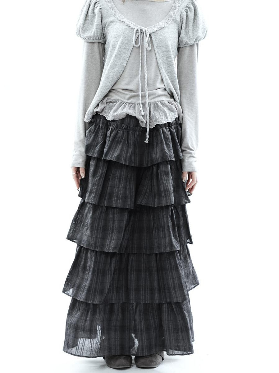 ang project Vintage Checked Patchwork Tiered Elastic Waist Women&