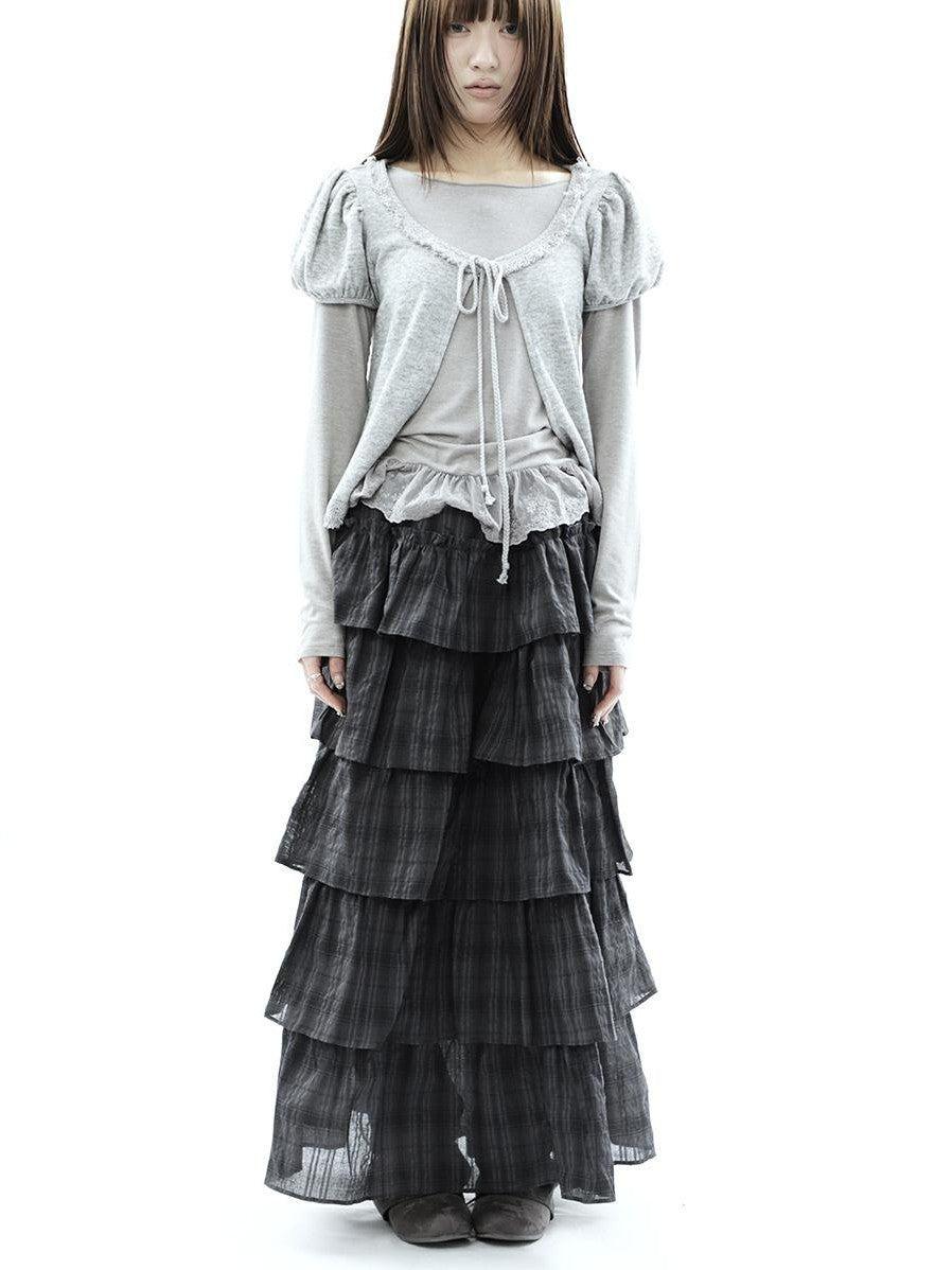 ang project Vintage Checked Patchwork Tiered Elastic Waist Women&