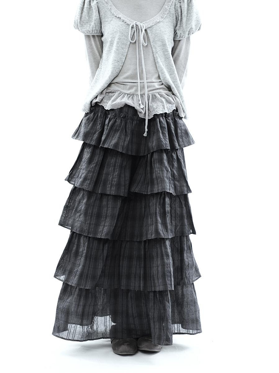 ang project Vintage Checked Patchwork Tiered Elastic Waist Women&