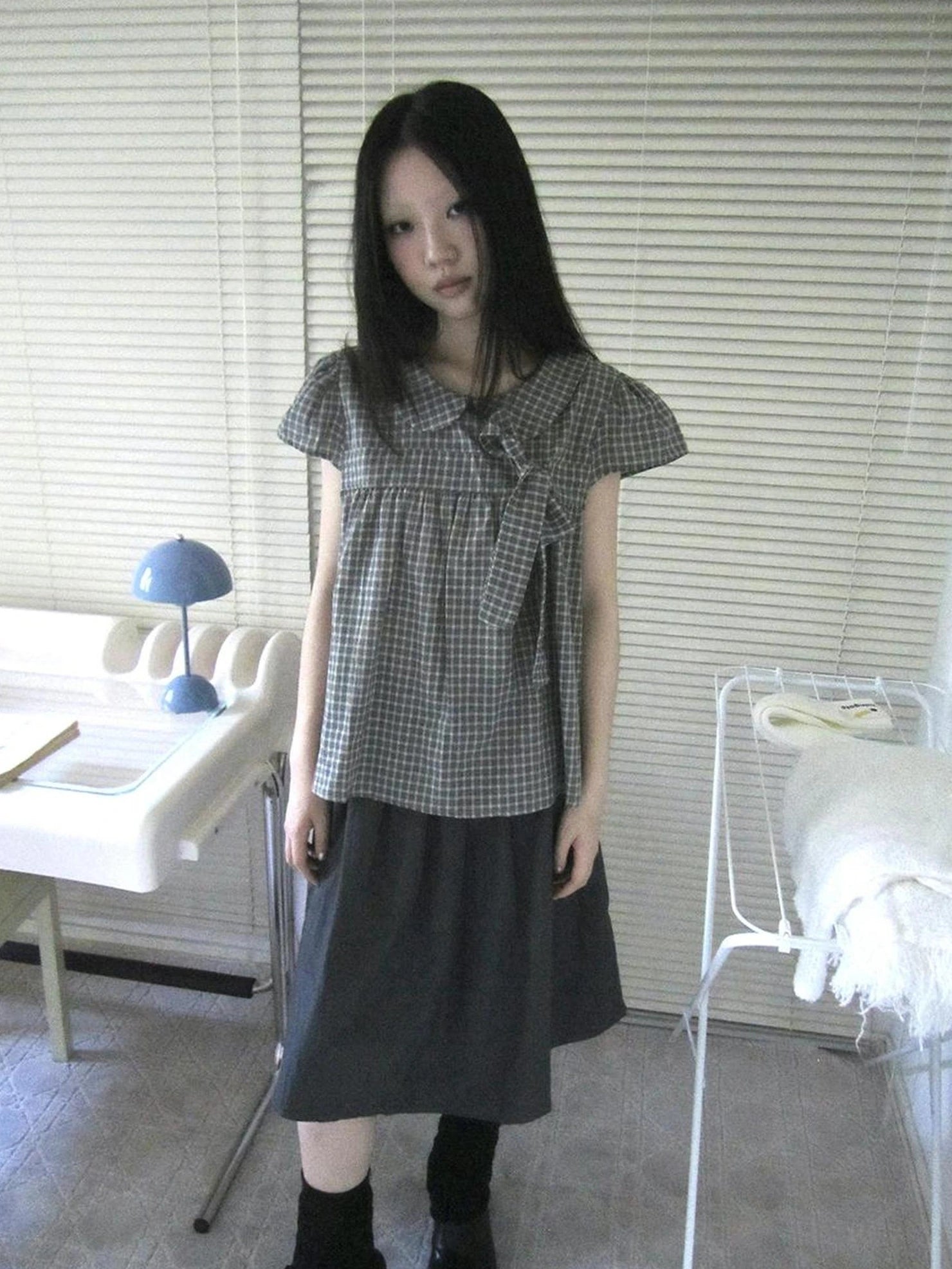 ang project Vintage Checkered Bow Tie Blouse Shirts