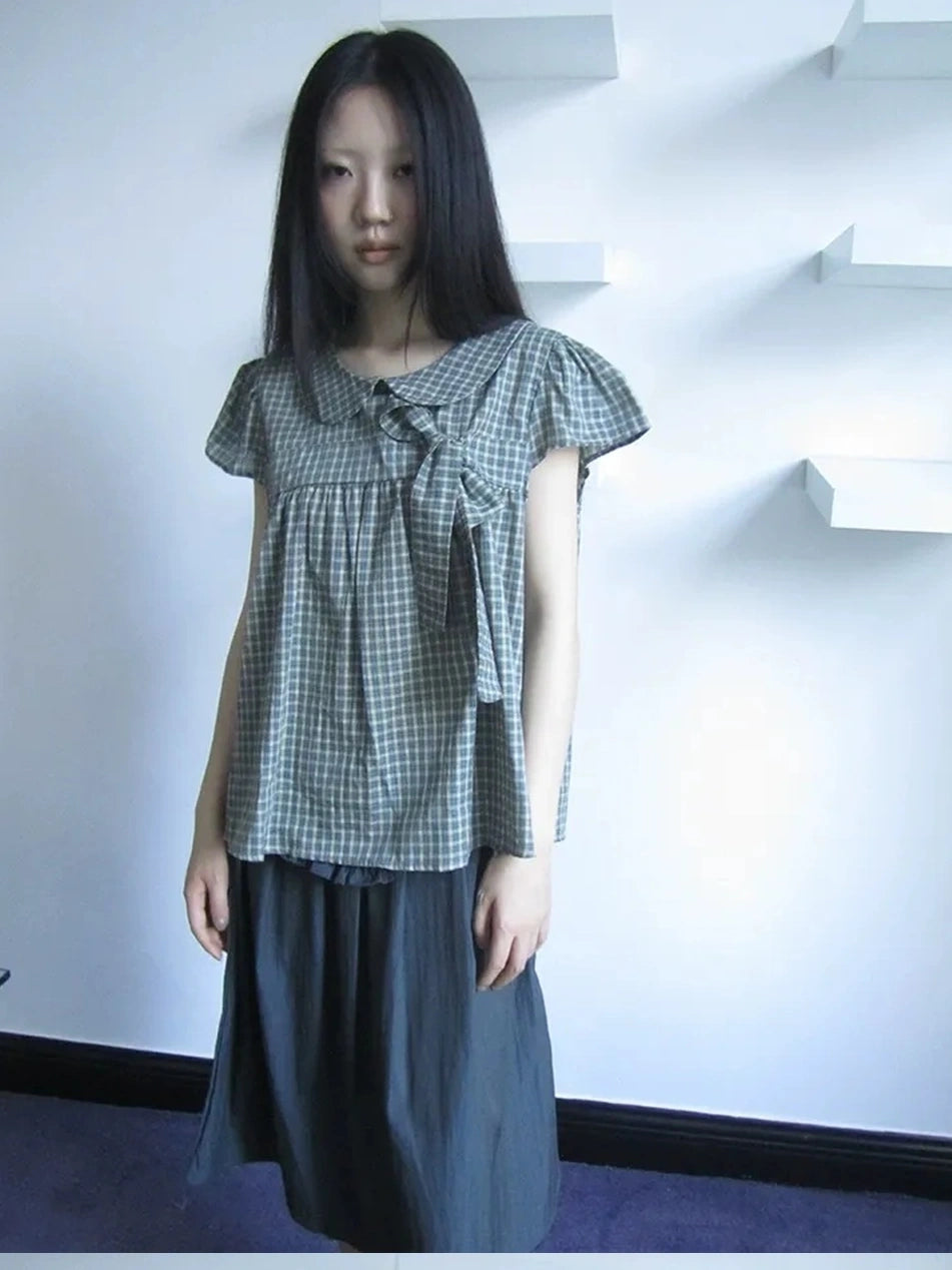 ang project Vintage Checkered Bow Tie Blouse Shirts