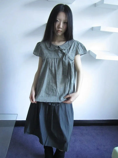 ang project Vintage Checkered Bow Tie Blouse Shirts