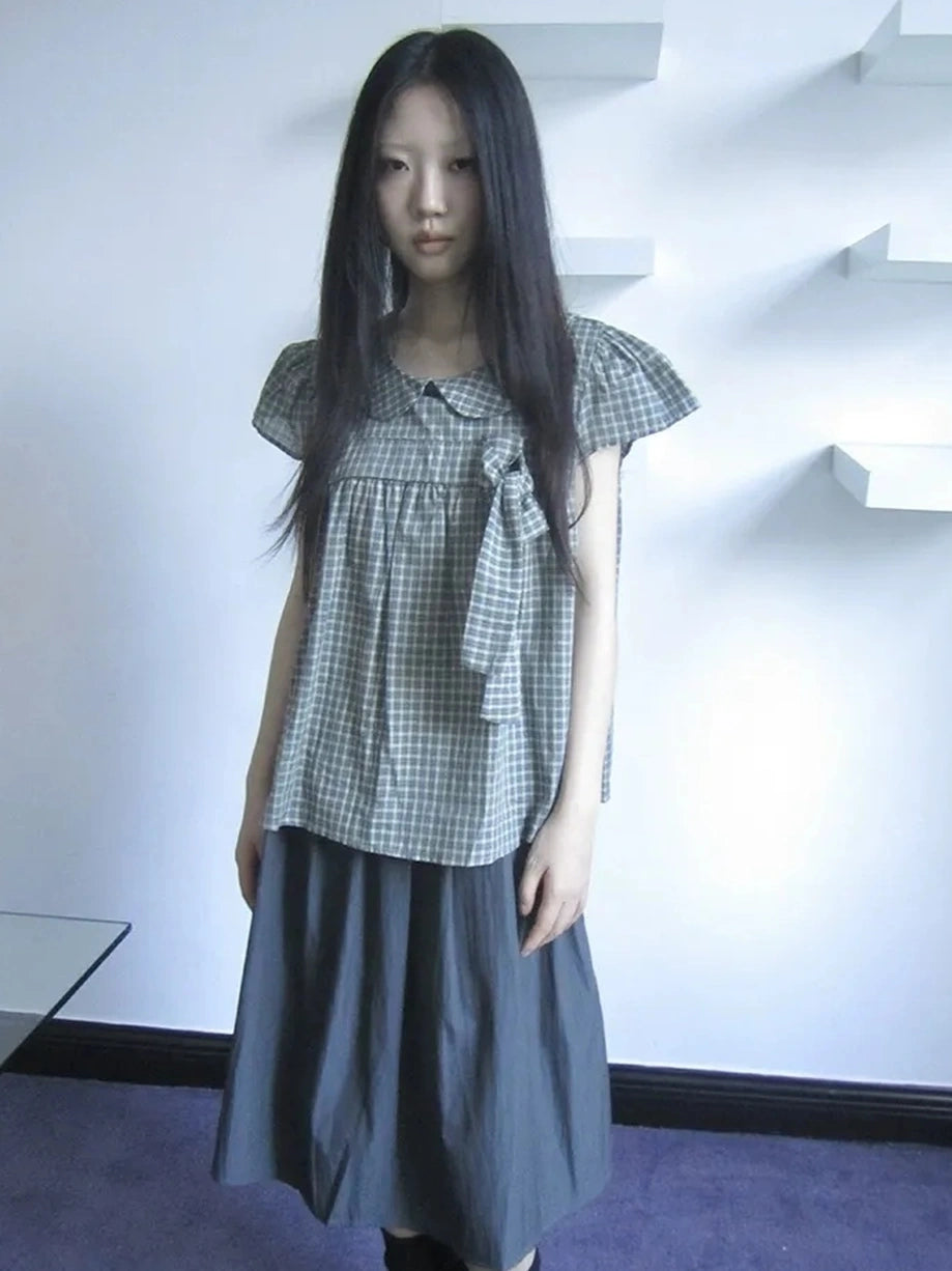 ang project Vintage Checkered Bow Tie Blouse Shirts