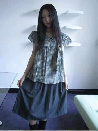 ang project Vintage Checkered Bow Tie Blouse Shirts