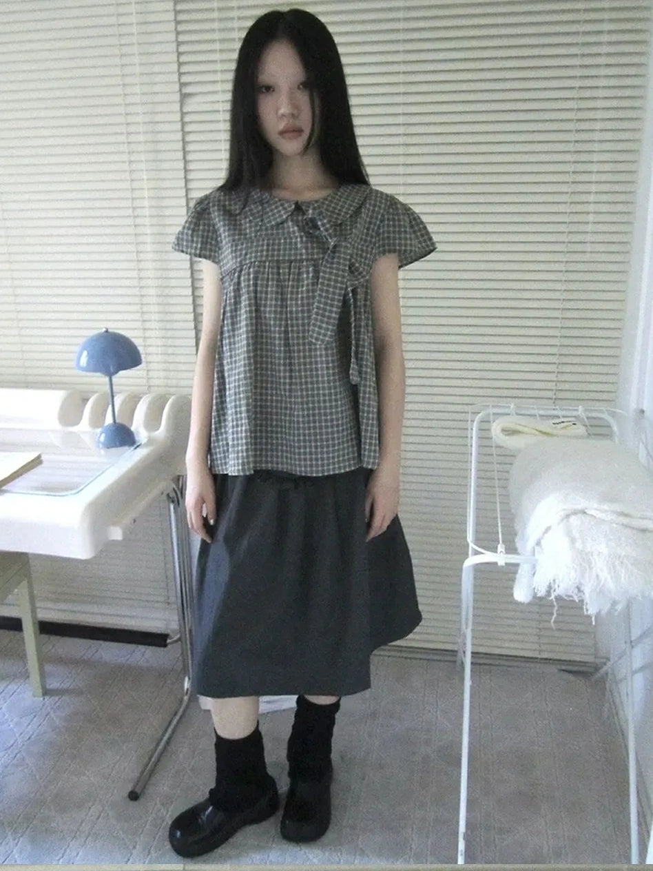ang project Vintage Checkered Bow Tie Blouse Shirts