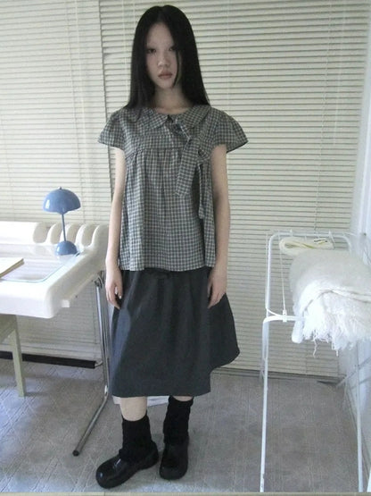 ang project Vintage Checkered Bow Tie Blouse Shirts