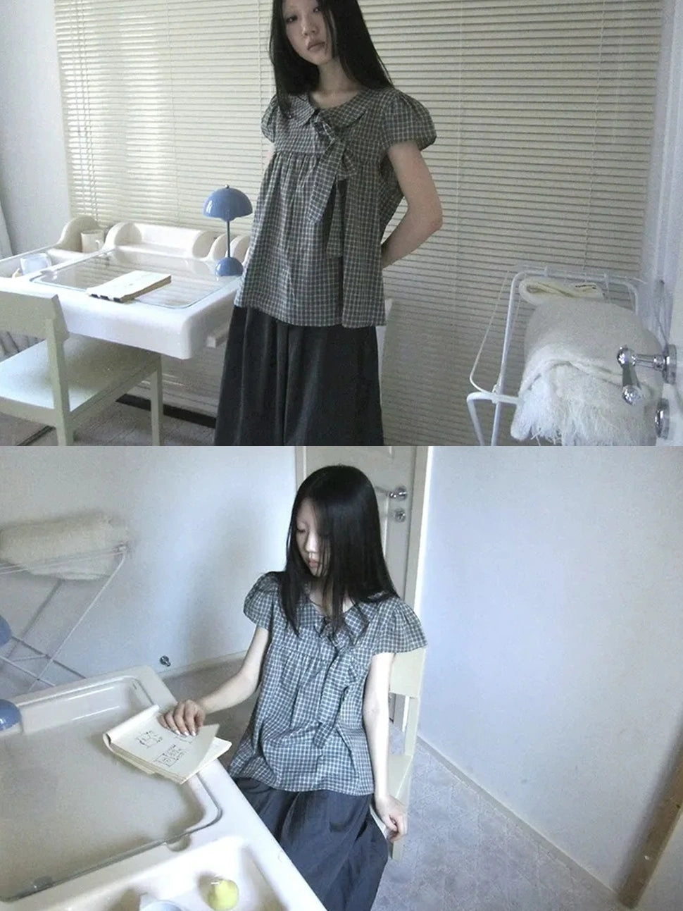 ang project Vintage Checkered Bow Tie Blouse Shirts