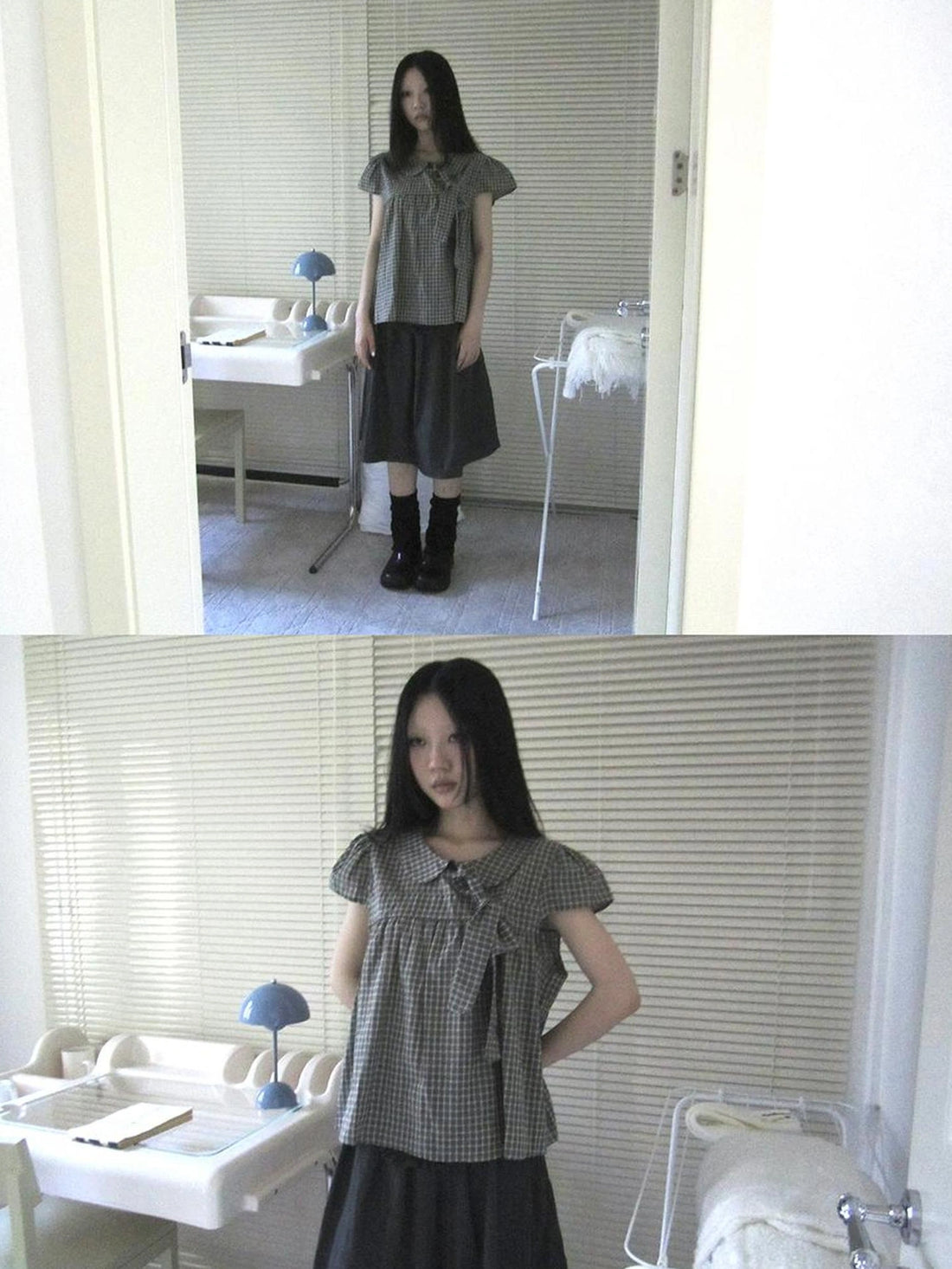 ang project Vintage Checkered Bow Tie Blouse Shirts