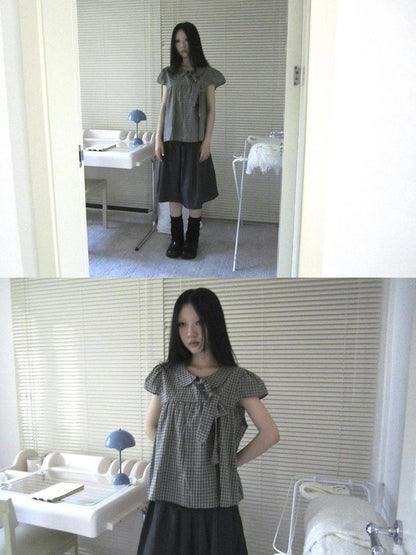 ang project Vintage Checkered Bow Tie Blouse Shirts