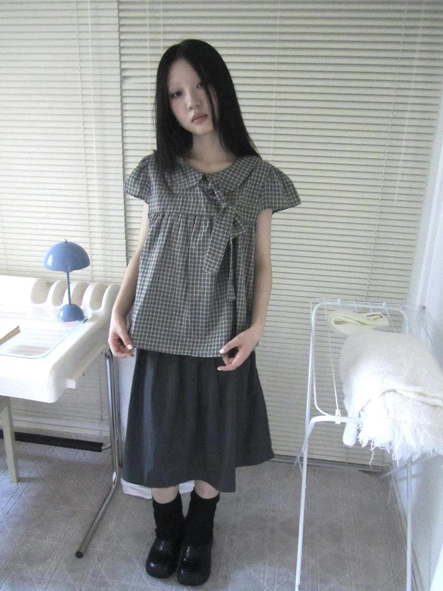 ang project Vintage Checkered Bow Tie Blouse Shirts