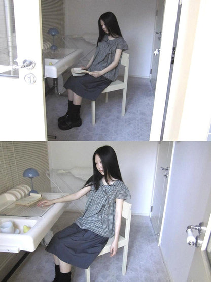 ang project Vintage Checkered Bow Tie Blouse Shirts