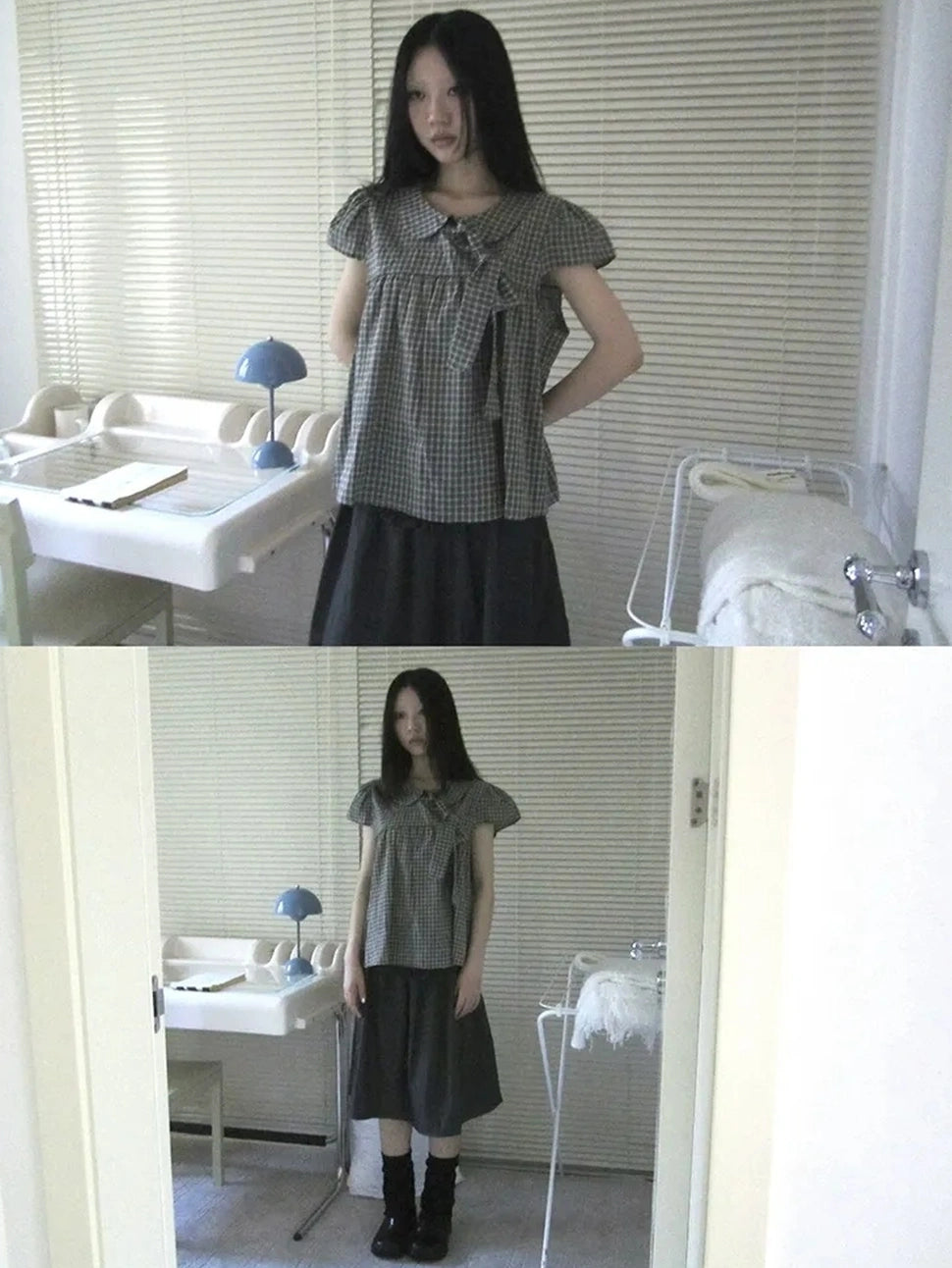 ang project Vintage Checkered Bow Tie Blouse Shirts