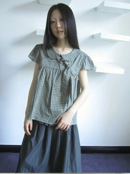 ang project Vintage Checkered Bow Tie Blouse Shirts