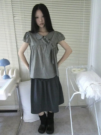 ang project Vintage Checkered Bow Tie Blouse Shirts