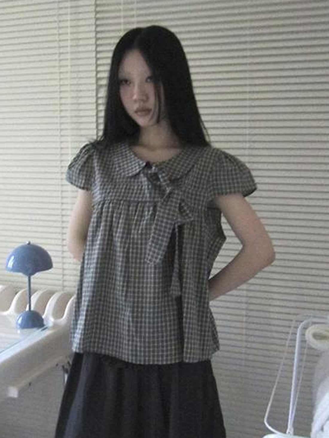 ang project Vintage Checkered Bow Tie Short Sleeve Blouse