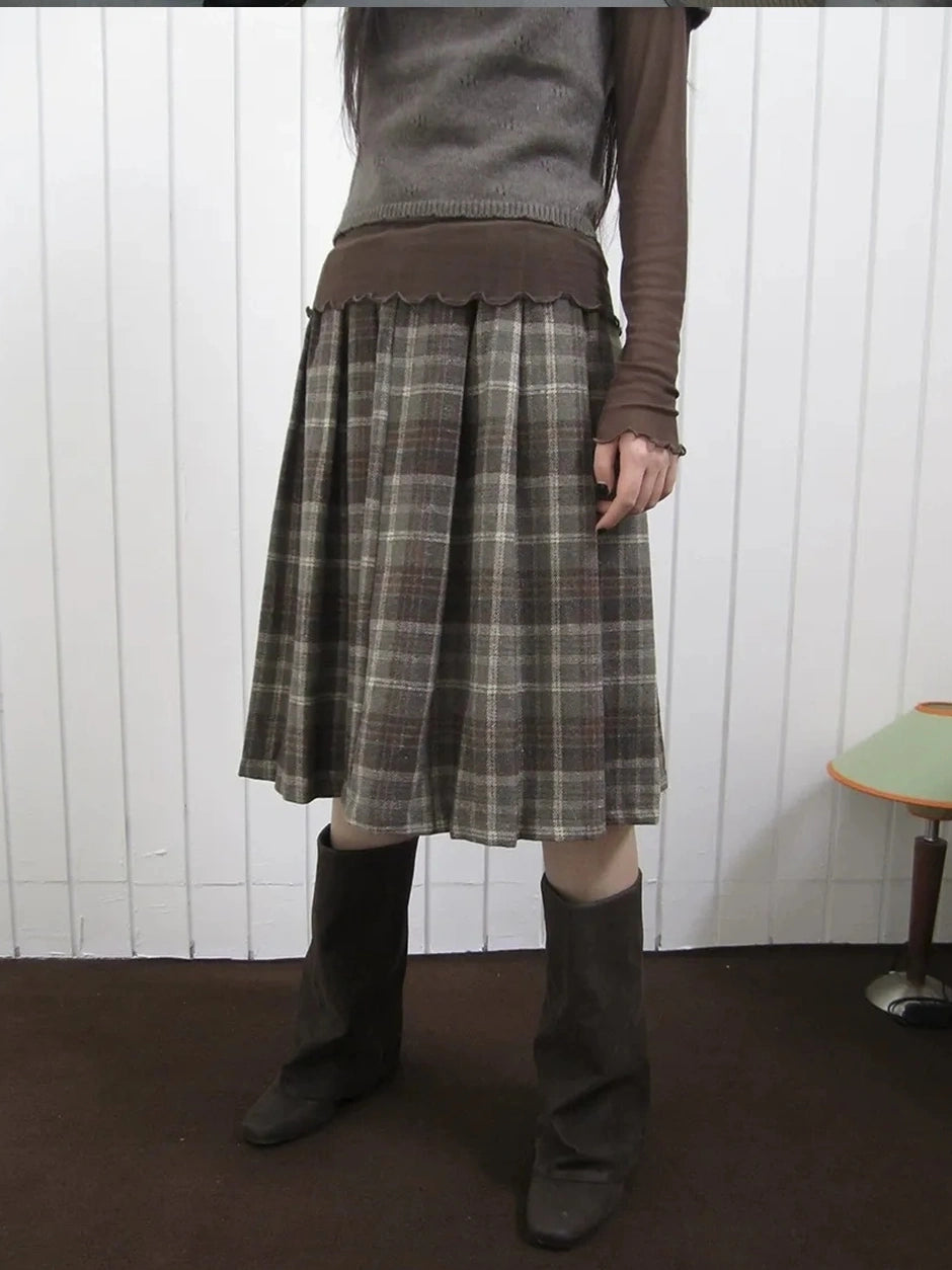 ang project Vintage Checkered Pleated Wool Skirt Skirt