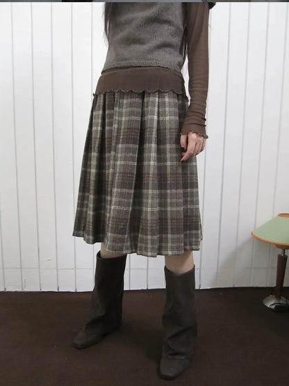 ang project Vintage Checkered Pleated Wool Skirt Skirt