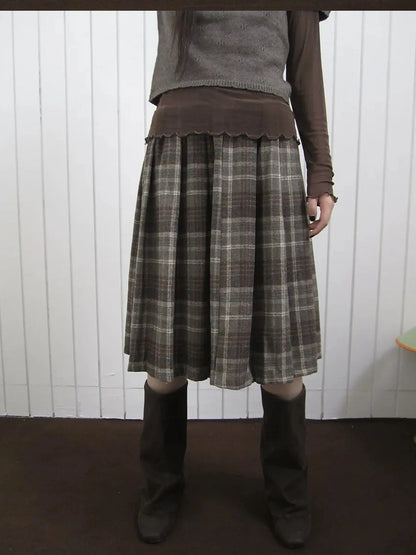 ang project Vintage Checkered Pleated Wool Skirt Skirt