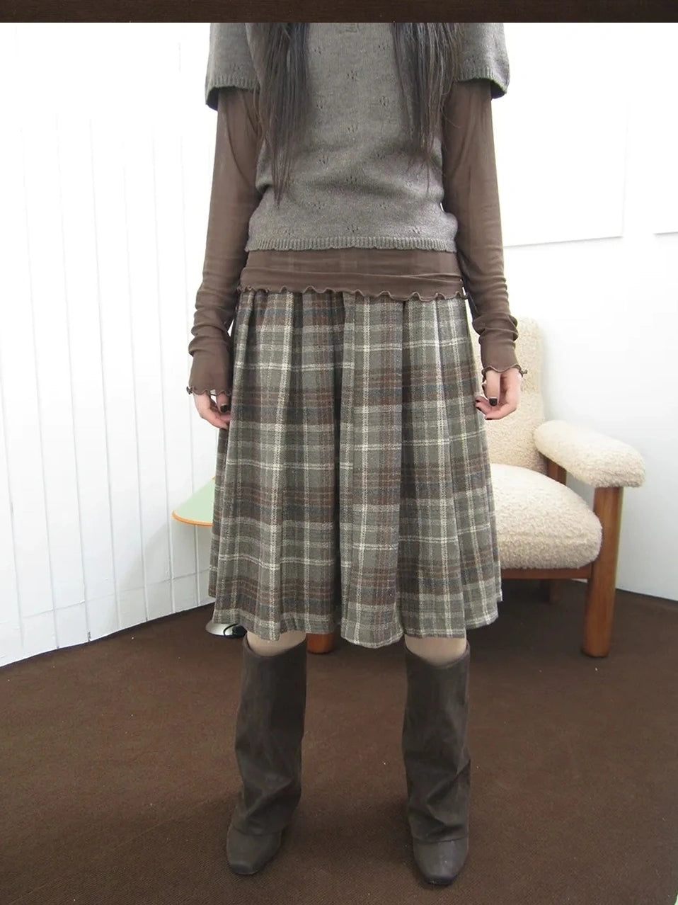 ang project Vintage Checkered Pleated Wool Skirt Skirt