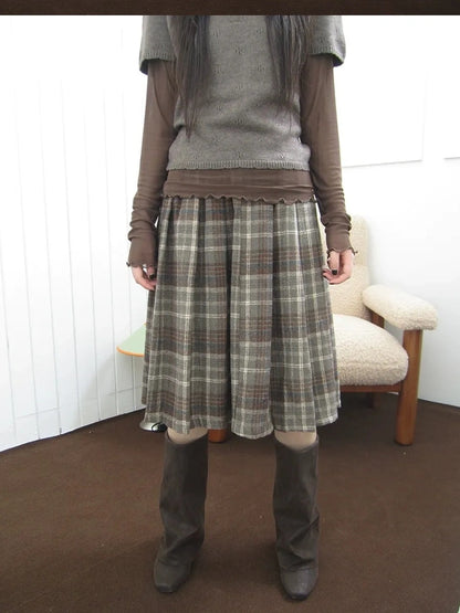 ang project Vintage Checkered Pleated Wool Skirt Skirt