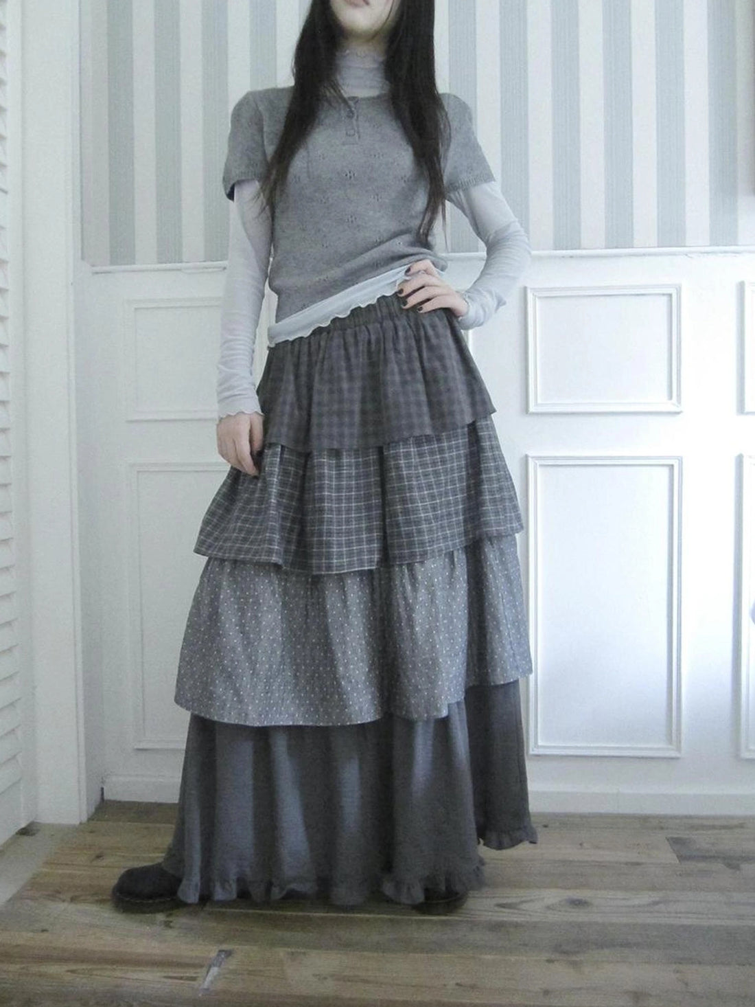 ang project Vintage Checkered Polka Dot Tiered Ruffle Skirt Skirt