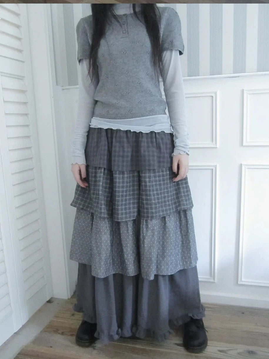 ang project Vintage Checkered Polka Dot Tiered Ruffle Skirt Skirt