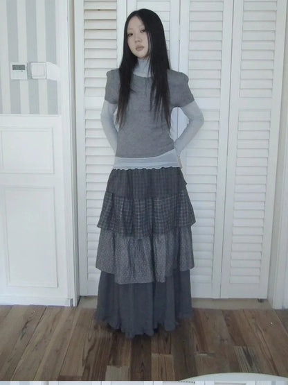 ang project Vintage Checkered Polka Dot Tiered Ruffle Skirt Skirt