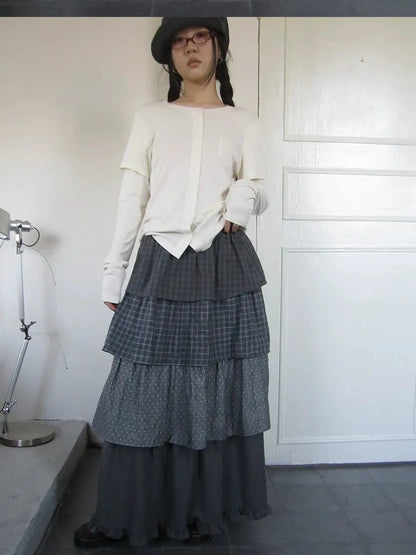ang project Vintage Checkered Polka Dot Tiered Ruffle Skirt Skirt