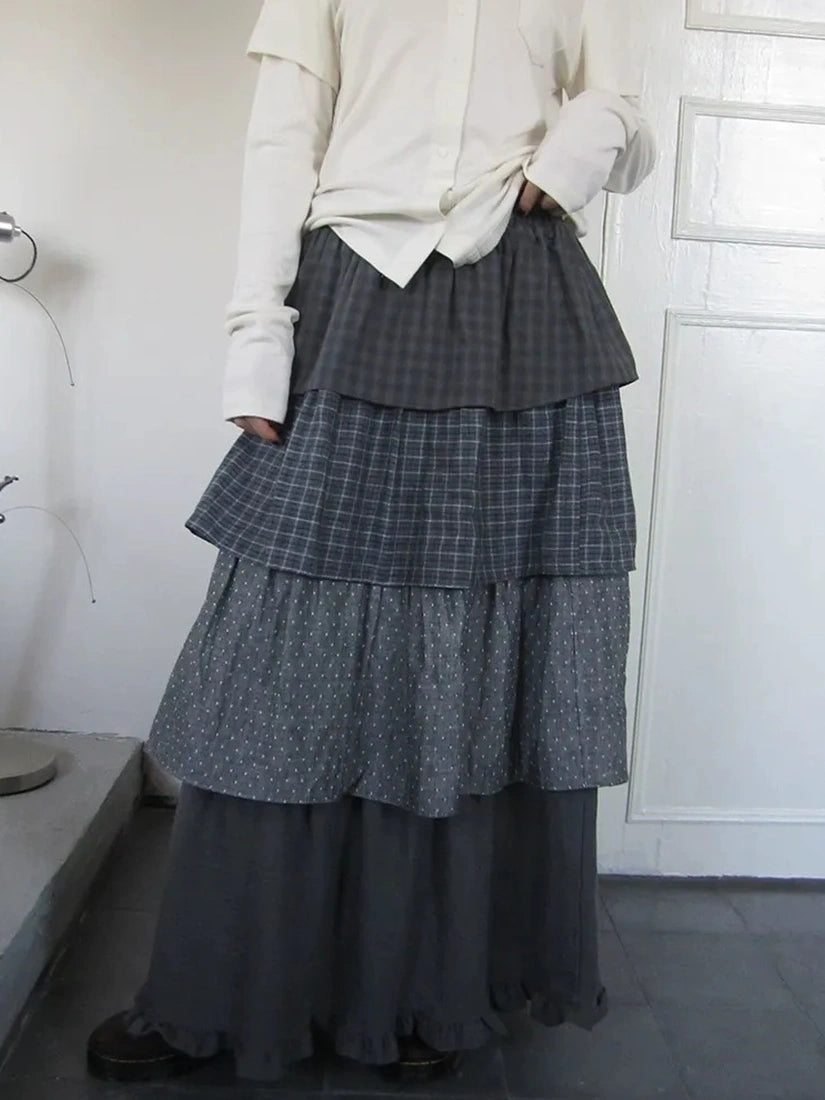 ang project Vintage Checkered Polka Dot Tiered Ruffle Skirt Skirt