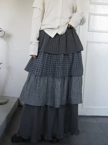 ang project Vintage Checkered Polka Dot Tiered Ruffle Skirt Skirt
