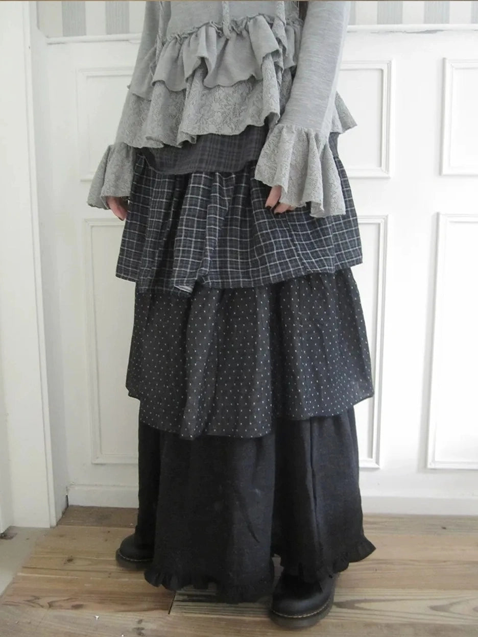 ang project Vintage Checkered Polka Dot Tiered Ruffle Skirt Skirt