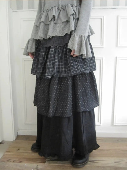 ang project Vintage Checkered Polka Dot Tiered Ruffle Skirt Skirt
